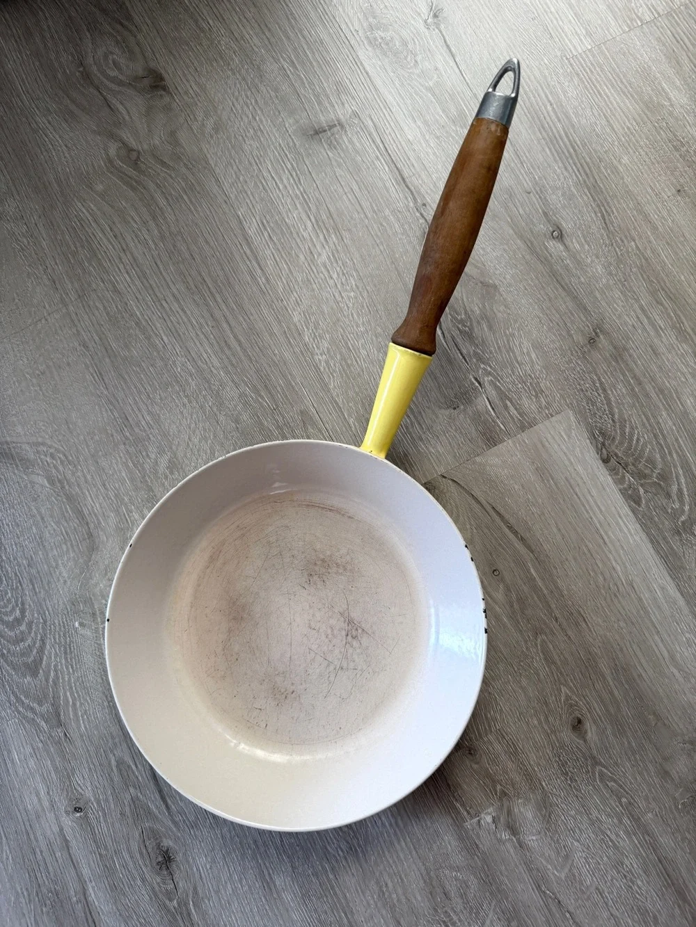 Vintage Le Creuset Elysees Yellow Sauté Pan with Wooden Handle